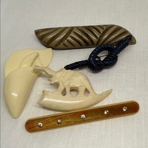 Antique unusual brooch set resellers lot carved bone celluloid Bakelite pin